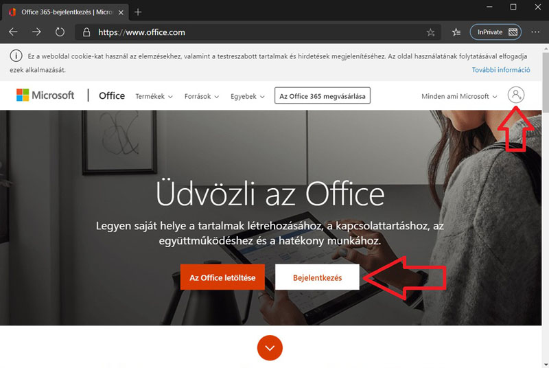 Office 365 weboldal címlap képernyőkép